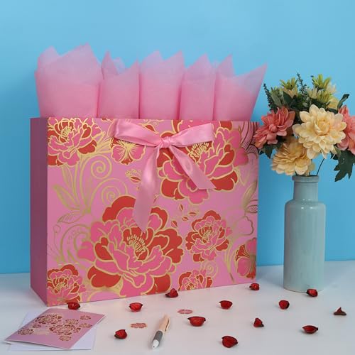 16.5" Extra Large Rose Pink Gift Bag Set with Greeting Card and Tissue Paper(Foil Traced Flowers) for Celebrating Birthday...