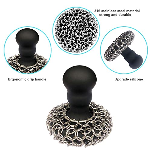 316 Upgraded Chainmail Scrubber with Silicone Handle Cast Iron Cleaner for Cast Iron Grill Pan Skillet Wok Bakeware Ergono...