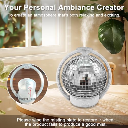 Rotating Disco Ball Diffuser, Mirror Ball Cute Diffuser with RGB Color Night Light, 2Timer Seting & 3 Light Mode Mirror Es...