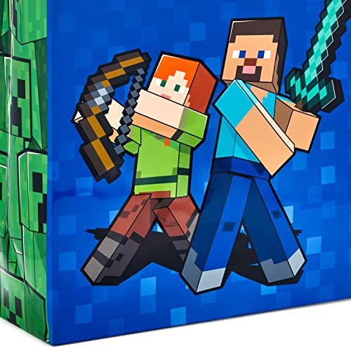 Hallmark Minecraft Gift Bag Bundle (2 Bags: 13" Large Blue Bag, 15" Extra Large Green) for Birthdays, Christmas, Valentin...