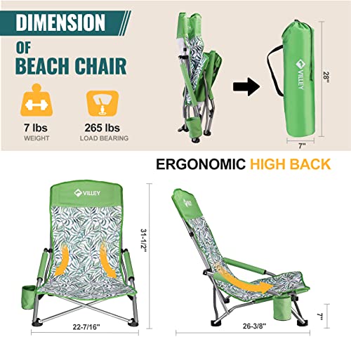 VILLEY Low Beach Chair, High Back Folding Beach Chair for Adults, Lightweight and Portable for Outdoor, Beach, Camping, La...