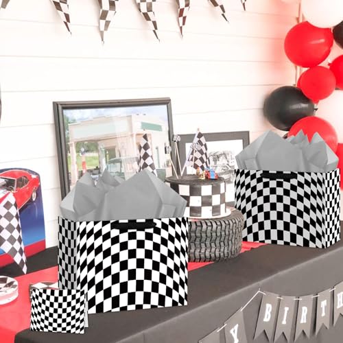 Hooqict Large Checkered Gift Bag Black and White Racing Car Gift Wrap Bag with Handles, Tissue Paper, Greeting Cards for K...
