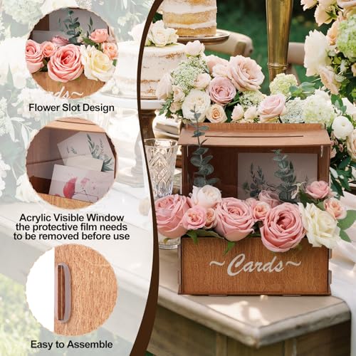 AceOrbit Wooden Rustic Wedding Card Box for Reception with Acrylic Window & Flower Holder, 9.8" Wood Money Gift Card Box w...