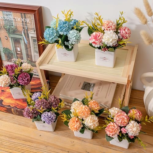 6Pcs Artificial Flowers with Ceramic Pot Small Fake Hydrangea Flowers Arrangements Faux Spring Flowers in Vase Home Spring...