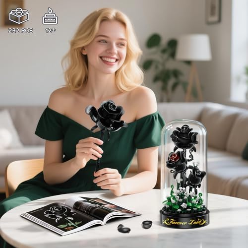 HiWEEGO Flower Building Set with LED Light - 232 PCS Black Rose Building Blocks Kit with Dust Cover, Gift for Mothers Day ...