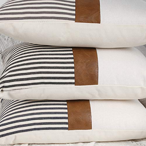 Set of 2 Farmhouse Decor Striped Patchwork Linen Throw Pillow Covers,Modern Brown Faux Leather Accent Pillow Covers 18x18 ...