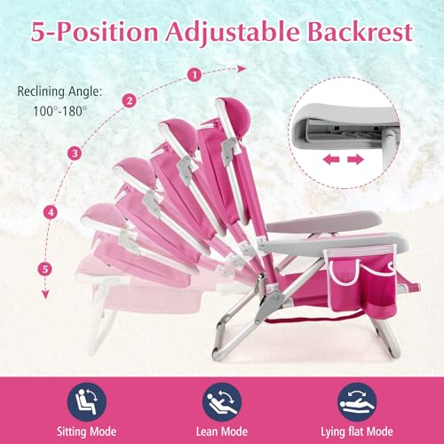 Goplus Beach Chair, 330lbs Folding Backpack Chairs for Adults with 5-Position Backrest, Storage Pockets, Towel Bar & Headr...