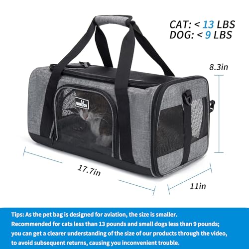 Wakytu TSA Approved Pet Carrier for Small Cats Dogs, Travel Bag with Adequate Ventilation, 5 Mesh Windows, 3 Entrance, Loc...