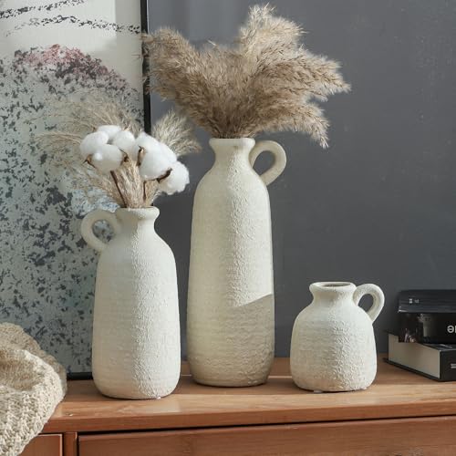 Ceramic Vase Set of 3 with Handle, Neutral Rustic Vases Home Decor Farmhouse Decorative Vase Whitewashed Pottery Decor Mod...