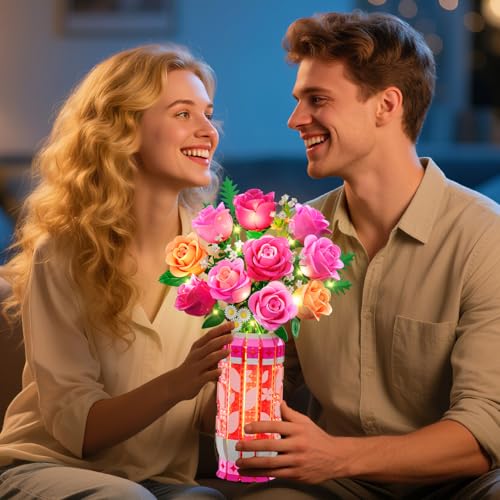 CUBIMANA Romantic Pink Roses Bouquet Building Set with Vase & LED Light- Gifts for Mothers Day - 3.6MM Mini Flowers Buildi...