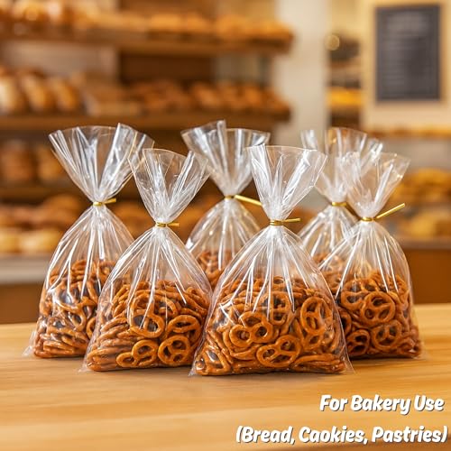 Wowfit 50 CT 8x12 Inch Clear Flat Cellophane Treat Bags with 6” Gold Twist Ties, Cello Packaging for Mugs, Dessert, Muffin...