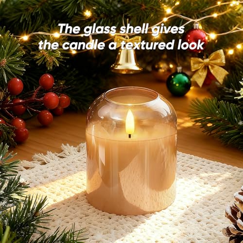 Homemory Glass Flameless Candles, Battery Operated Plliar Candles Realistic Flickering, LED Electric Light with Remote and...