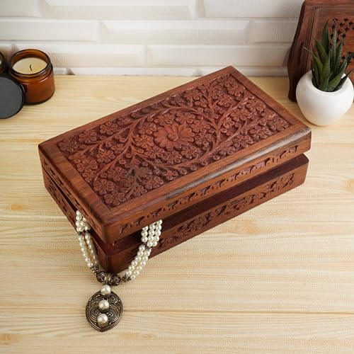 Ajuny Wooden Handcarved Decorative Jewelry Storage Box Flower Design Multipurpose Treasure Chest Keepsake Organizer Neckla...
