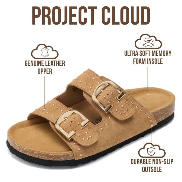 Project Cloud 100% Genuine Leather Flat Sandals For Women 2026 Cork Footbed Womens Sandals with Memory Foam and arch suppo...