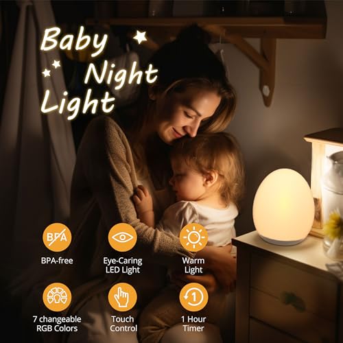JolyWell Night Light for Kids, Baby Night Light with 7 Colors Changing Mode & Stepless Dimming, Nursery Night Light BPA Fr...
