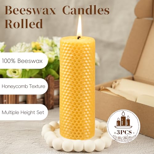 Pure Beeswax Pillar Candles,3 Pack Hand-Rolled Natural Beeswax Candles(1.77x3in,2x4in,2x6in) 60 Hours Burning Unscented Be...