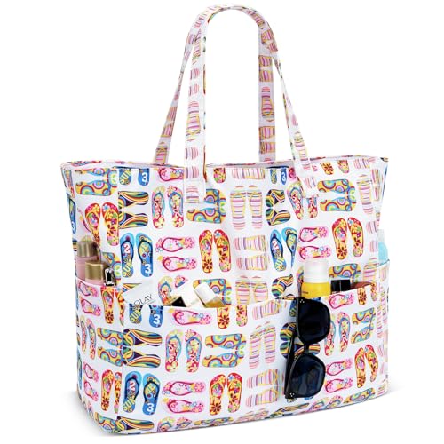 Iioscre Beach Bag for Women, Causal Hobo Pool Bags with Zipper Inner Pocket, Foldable Swim Tote Bag for Vacation Essentials