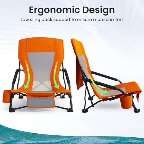 Foristrail Portable Folding Beach Chair for Adults - Lightweight Low Back Sling Chair with Cup Holder & Storage Pocket, 30...