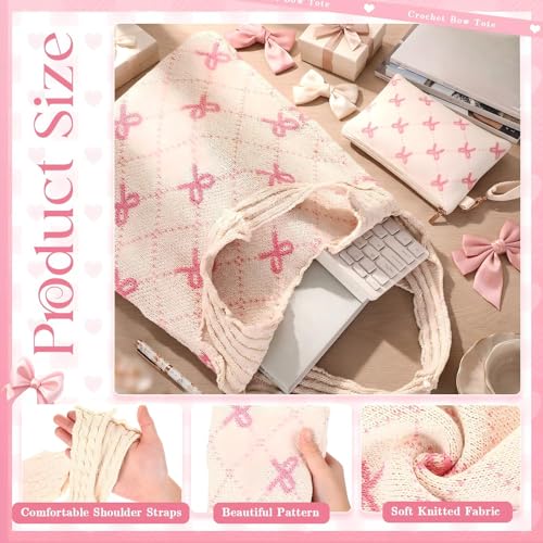 Sanwuta 2 Pcs Pink Bow Crochet Tote Bag Beach Bow Mesh Knitted Shoulder Bag Coquette Aesthetic Bohemian Bags for Women