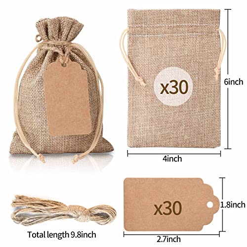 boboom 30Pcs 4 x 6 inch Burlap Gift Bags and 30Pcs Tags with Drawstring, Wedding Hessian Linen Sacks, Jewelry Pouches Burl...