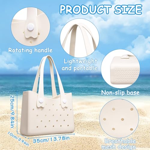 Larcenciel Rubber Tote Bag, Perforated Design Waterproof Beach Bags for Women with Shoulder Strap, Summer Travel Beige Han...