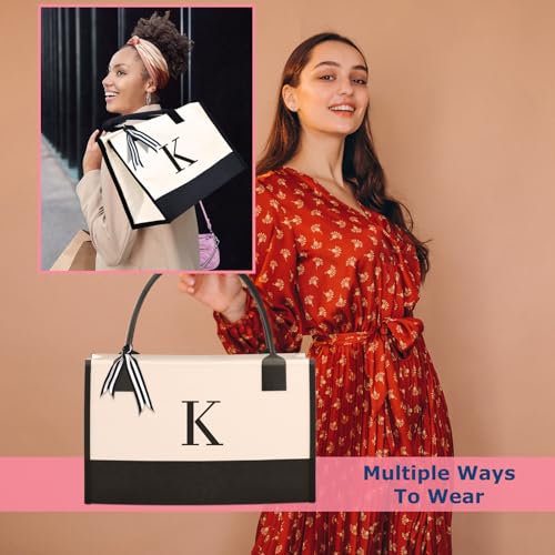 OATALY Monogrammed Canvas Tote Bag with Zipper Pockets - Ideal Gift for Mom, Teacher, Sister