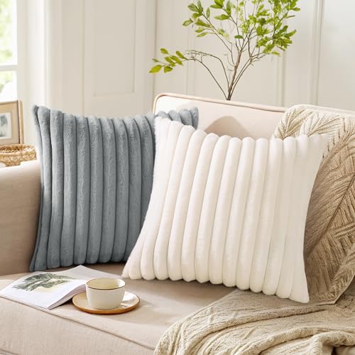Pallene Faux Fur Plush Throw Pillow Covers 18x18 Set of 2, Luxury Soft Fluffy Striped Decorative Pillow Covers for Sofa, C...