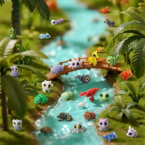 Laehovr 25PC Mini 3D Printed Animals Set with Shining Eyes - Articulated Desk Pets Collection, Mini Animals Figures for Cl...