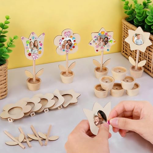 14 Sets DIY Paintable Wood Flowers Photo Holders, Mother's Day Crafts Wooden Flower Picture Frames, Spring Flower Pot Unfi...