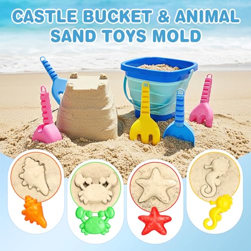 Dreamon Beach Toys for Kids 3-10, Collapsible Sand Castle Toys for Beach Include 3 Pack Foldable Buckets, Shovels Molds an...