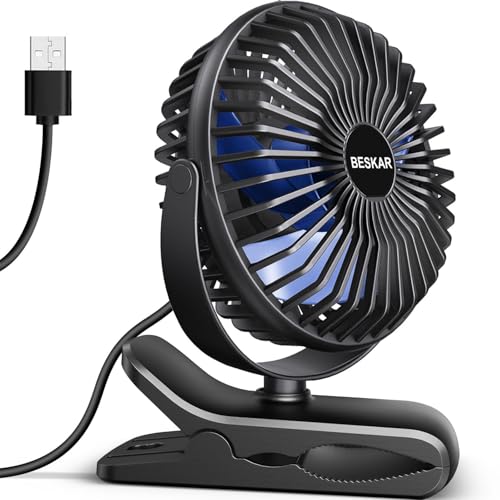 BESKAR USB Clip on Fan, Portable Small Fan with Cord Powered, 3 Speeds Strong Airflow, with Sturdy Clamp, Quiet Personal D...