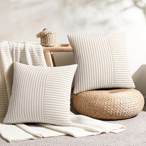 YCOLL Farmhouse Pillow Covers 20x20, Modern Accent Square Throw Pillow Covers Set of 2, Khaki and Beige Striped Patchwork ...