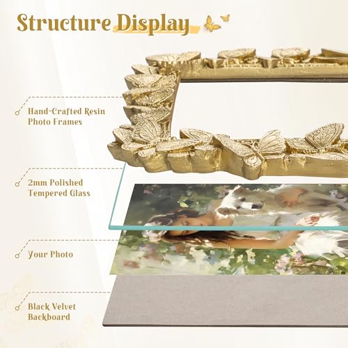 Axeman 5x7 Vintage Picture Frame with High Tempered Glass, Butterfly Textured Hand-Crafted Resin Antique Ornate Photo Fram...