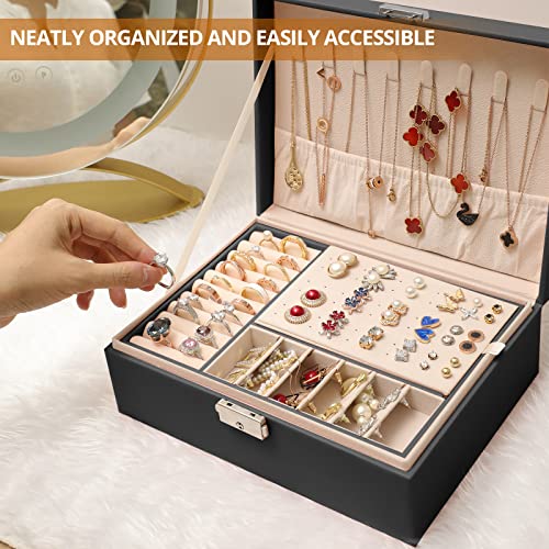 Sanikeon Jewelry Boxes for Women Girls 2 Layers leather Jewelry Organizer Case with Lock Storage Box Removable Tray for Ne...