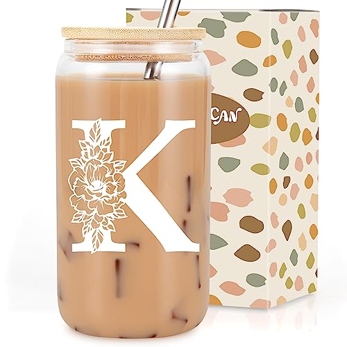 Coolife Initial Glass Cup, Monogrammed Gifts for Women, 16oz Glass Cups w/Lids Straws, Iced Coffee Smoothie Beer Tumbler ...