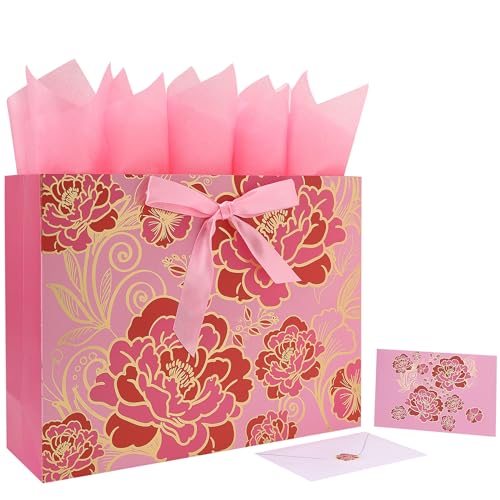 16.5" Extra Large Rose Pink Gift Bag Set with Greeting Card and Tissue Paper(Foil Traced Flowers) for Celebrating Birthday...