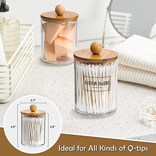 4 Pack Qtip Holder Dispenser with Bamboo Lids - 10 oz Clear Plastic Apothecary Jar Containers for Vanity Makeup Organizer ...