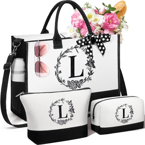 Personalized Gifts for Women, Initial Canvas Tote Bag & Makeup Bag Monogrammed Beach Tote Bags for Women w/Zipper, Easter ...