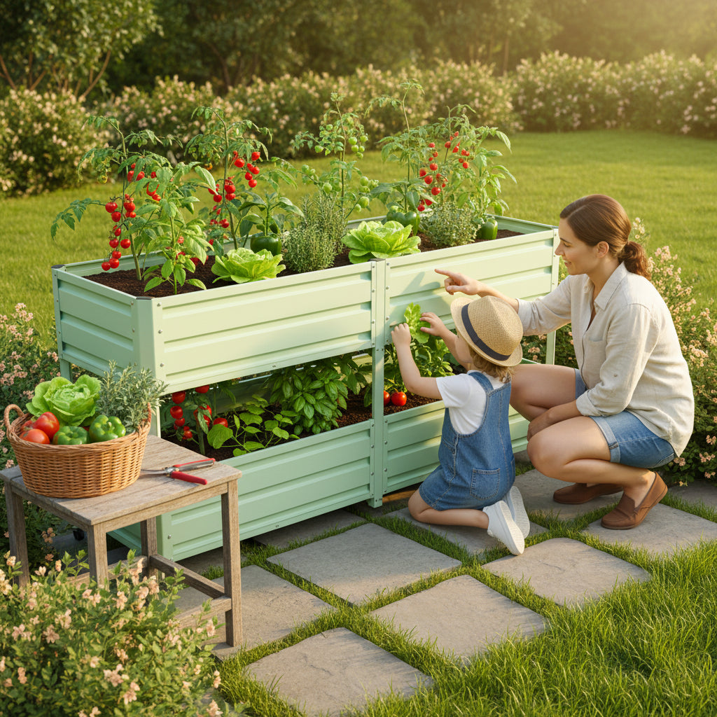 Dual Tier Elevated Metal Raised Garden Bed With Lockable Wheels, Staggered 2-Layer Raised Planter Box For Vegetables Herbs Flowers, Outdoor Patio  Green Planting Bed,Green