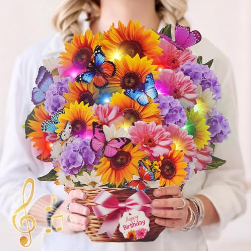 MZD8391 Birthday Cards with MUSIC & LIGHTS, Pop Up Happy Birthday Card, Sunflower & Butterfly, 10 Inch Life Sized Forever ...