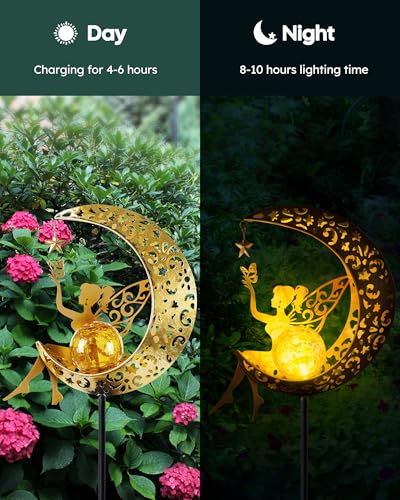 Vuees Solar Garden Statues Outdoor Decor, Fairy Moon Figurine Light Stake, Housewarming Ornament for Patio, Lawn, Yard, Pa...