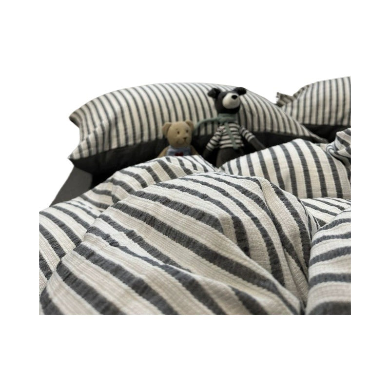 Korean-style Striped Puffy Duvet Cover 4-piece Bedding Set