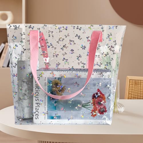 TotePrint Holographic Clear Tote Bag, Waterproof Beach Bag with Pink Handles, Large 11.8"x12.2"x4.3", TSA Compliant | Holo...
