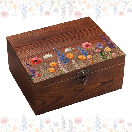 Gerrii Wildflower Wooden Keepsake Box Wedding Baby Shower Spring Flower Memory Storage Box with Buckle for Birthday Bridal...