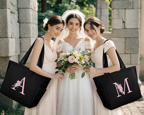KALIDI Personalized Beach Tote Bag, Initial Alphabet Gift Zipper Grocery Bag for Mom Teacher Friend Wedding Daily Shopping