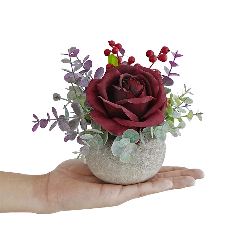 Rosscer Small Artificial Burgundy Rose Potted Plant, 6" Fake Silk Flowers in 3.5" Round Pot, Mini Faux Floral Arrangement ...