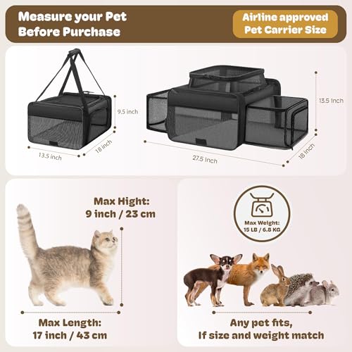 Top and 2 Sides Expandable Cat Carrier 18x13.5x9.5, TSA Airline Approved Dog Carriers for Small Dogs, Soft-Sided Pet Carri...