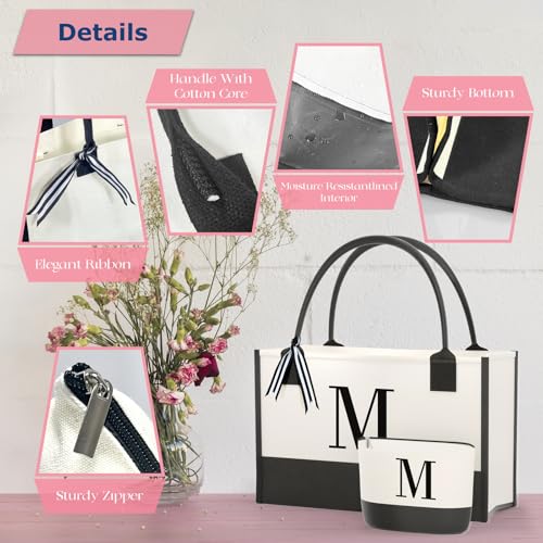 OATALY Monogrammed Canvas Tote Bag with Zipper Pockets - Ideal Gift for Mom, Teacher, Sister