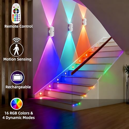 4 Pack Rechargeable Dynamic RGB LED Wall Lamp, Motion-Sensing Step Lights with Remote Control, 1200mAh Battery, Dimmable, ...