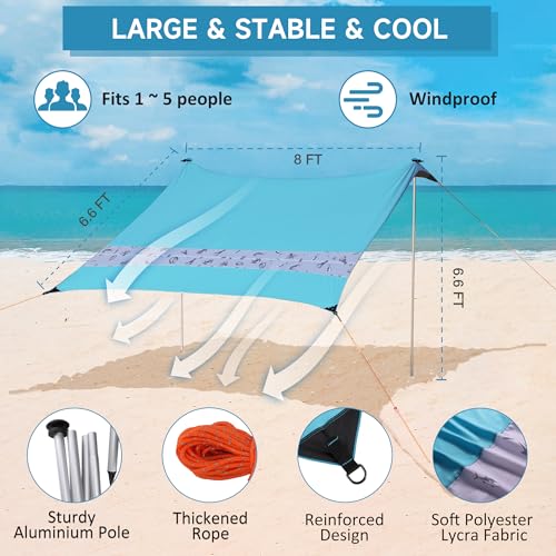 VILLEY Beach Tent Sun Shelter with UPF50+ Protection for 5 Person, 8x7FT Portable Sun Shade with 2 Stability Poles and 4 S...